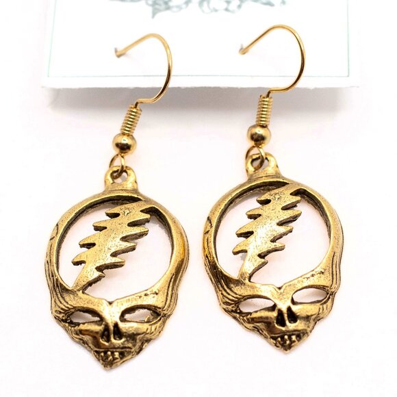 Handmade Goldtone Grateful Dead SYF Steal Your Face Dangle Earrings, New - Picture 1 of 2